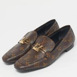 Pre Owned Louis Vuitton Brown Coated Canvas Upper Case Loafers Size 38.5