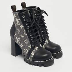 Pre Owned Louis Vuitton Grey/Black Monogram Denim and Leather Star Trail Ankle Boot Size 36