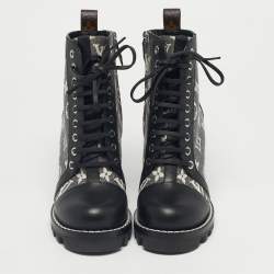 Pre Owned Louis Vuitton Grey/Black Monogram Denim and Leather Star Trail Ankle Boot Size 36