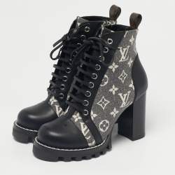 Pre Owned Louis Vuitton Grey/Black Monogram Denim and Leather Star Trail Ankle Boot Size 36