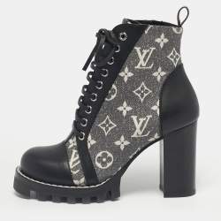 Pre Owned Louis Vuitton Grey/Black Monogram Denim and Leather Star Trail Ankle Boot Size 36