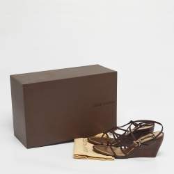 Pre Owned Louis Vuitton Brown Leather Ankle Strap Wedge Sandals Size 39