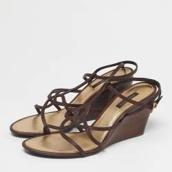 Pre Owned Louis Vuitton Brown Leather Ankle Strap Wedge Sandals Size 39