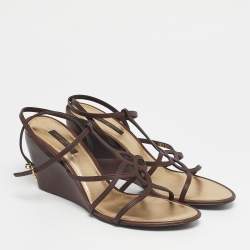 Pre Owned Louis Vuitton Brown Leather Ankle Strap Wedge Sandals Size 39