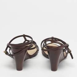 Pre Owned Louis Vuitton Brown Leather Ankle Strap Wedge Sandals Size 39
