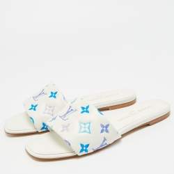 Pre Owned Louis Vuitton Revival Size 39 White/Blue Monogram Leather Flat Slide