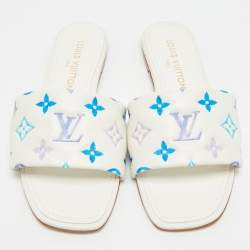 Pre Owned Louis Vuitton Revival Size 39 White/Blue Monogram Leather Flat Slide