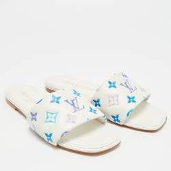 Pre Owned Louis Vuitton Revival Size 39 White/Blue Monogram Leather Flat Slide