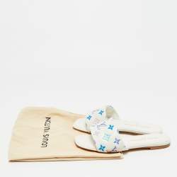 Pre Owned Louis Vuitton Revival Size 38 White/Blue Monogram Leather Flat Slide