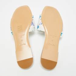 Pre Owned Louis Vuitton Revival Size 38 White/Blue Monogram Leather Flat Slide