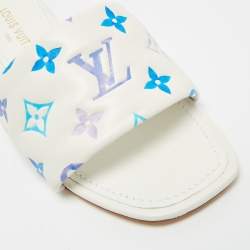 Pre Owned Louis Vuitton Revival Size 38 White/Blue Monogram Leather Flat Slide
