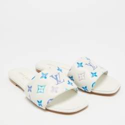 Pre Owned Louis Vuitton Revival Size 38 White/Blue Monogram Leather Flat Slide