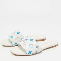 Pre Owned Louis Vuitton Revival Size 38 White/Blue Monogram Leather Flat Slide