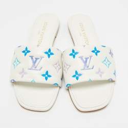 Pre Owned Louis Vuitton Revival Size 38 White/Blue Monogram Leather Flat Slide