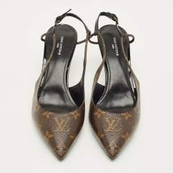 Pre Owned Louis Vuitton Chérie Size 39 Brown/Black Monogram Canvas and Patent Leather Slingback Pumps