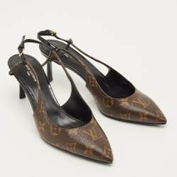 Pre Owned Louis Vuitton Chérie Size 39 Brown/Black Monogram Canvas and Patent Leather Slingback Pumps
