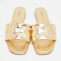 Pre Owned Louis Vuitton Revival Size 38 Gold Monogram Leather Flat Slide