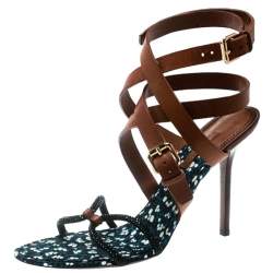 Pre Owned Louis Vuitton Brown Leather And Embellished Suede Ankle Strap Sandals Size 39