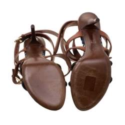 Pre Owned Louis Vuitton Brown Leather And Embellished Suede Ankle Strap Sandals Size 39