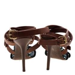 Pre Owned Louis Vuitton Brown Leather And Embellished Suede Ankle Strap Sandals Size 39