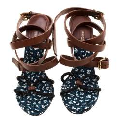 Pre Owned Louis Vuitton Brown Leather And Embellished Suede Ankle Strap Sandals Size 39