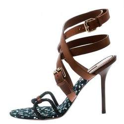 Pre Owned Louis Vuitton Brown Leather And Embellished Suede Ankle Strap Sandals Size 39