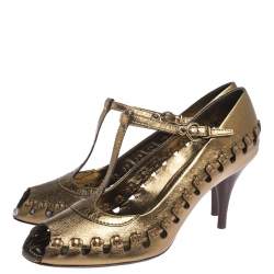 Pre Owned حذاء كعب عالي لوي فيتون بمقدمة مفتوحة و بسير حرف تي و بطراز قصات رائعة جلد برونزي مقاس 38