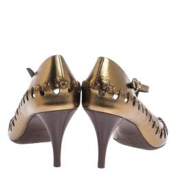 Pre Owned حذاء كعب عالي لوي فيتون بمقدمة مفتوحة و بسير حرف تي و بطراز قصات رائعة جلد برونزي مقاس 38