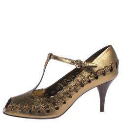 Pre Owned حذاء كعب عالي لوي فيتون بمقدمة مفتوحة و بسير حرف تي و بطراز قصات رائعة جلد برونزي مقاس 38