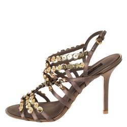 مملوكة مسبقًا صندل لوي فيتون بسيور مزخرفة ترتر كبير ساتان رصاصي داكن مقاس 37