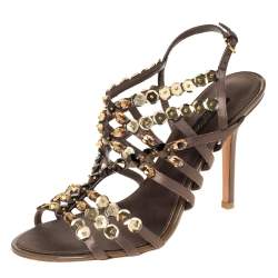 مملوكة مسبقًا صندل لوي فيتون بسيور مزخرفة ترتر كبير ساتان رصاصي داكن مقاس 37