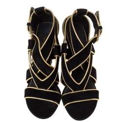 مملوكة مسبقًا صندل لوي فيتون كعب روكي سيور حافة جلد ذهبي و سويدي أسود مقاس 38.5