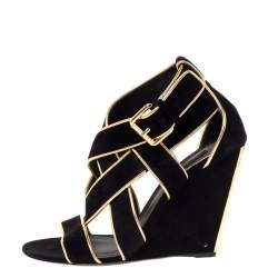 مملوكة مسبقًا صندل لوي فيتون كعب روكي سيور حافة جلد ذهبي و سويدي أسود مقاس 38.5