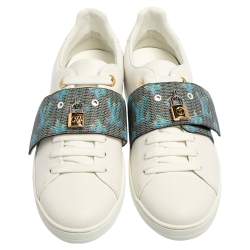 Pre Owned Louis Vuitton White Leather And Monogram Canvas Frontrow Lock Low Top Sneakers Size 41