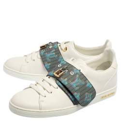 Pre Owned Louis Vuitton White Leather And Monogram Canvas Frontrow Lock Low Top Sneakers Size 41