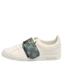 Pre Owned Louis Vuitton White Leather And Monogram Canvas Frontrow Lock Low Top Sneakers Size 41