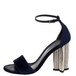 Pre Owned Louis Vuitton Navy Blue Velvet Silhouette Crystal Embellished Sandals Size 37.5