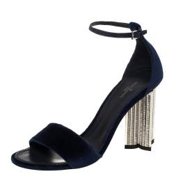 Pre Owned Louis Vuitton Navy Blue Velvet Silhouette Crystal Embellished Sandals Size 37.5
