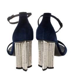 Pre Owned Louis Vuitton Navy Blue Velvet Silhouette Crystal Embellished Sandals Size 37.5