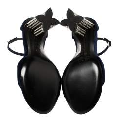 Pre Owned Louis Vuitton Navy Blue Velvet Silhouette Crystal Embellished Sandals Size 37.5