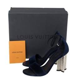 Pre Owned Louis Vuitton Navy Blue Velvet Silhouette Crystal Embellished Sandals Size 37.5