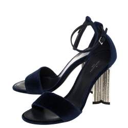 Pre Owned Louis Vuitton Navy Blue Velvet Silhouette Crystal Embellished Sandals Size 37.5