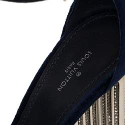 Pre Owned Louis Vuitton Navy Blue Velvet Silhouette Crystal Embellished Sandals Size 37.5
