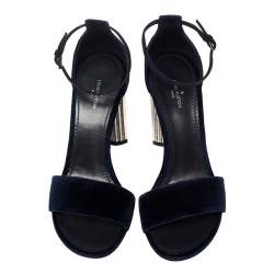 Pre Owned Louis Vuitton Navy Blue Velvet Silhouette Crystal Embellished Sandals Size 37.5