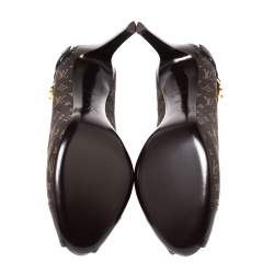 Pre Owned Louis Vuitton Brown Monogram Mini Lin Canvas And Leather Buckle Detail Peep Toe Pumps Size 39