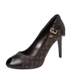 Pre Owned Louis Vuitton Brown Monogram Mini Lin Canvas And Leather Buckle Detail Peep Toe Pumps Size 39