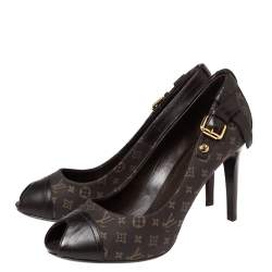 Pre Owned Louis Vuitton Brown Monogram Mini Lin Canvas And Leather Buckle Detail Peep Toe Pumps Size 39