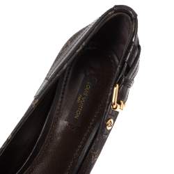 Pre Owned Louis Vuitton Brown Monogram Mini Lin Canvas And Leather Buckle Detail Peep Toe Pumps Size 39