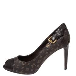 Pre Owned Louis Vuitton Brown Monogram Mini Lin Canvas And Leather Buckle Detail Peep Toe Pumps Size 39
