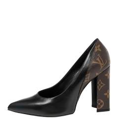 Pre Owned Louis Vuitton Black Leather  Monogram Canvas Pointed Toe Pumps Size 36.5
